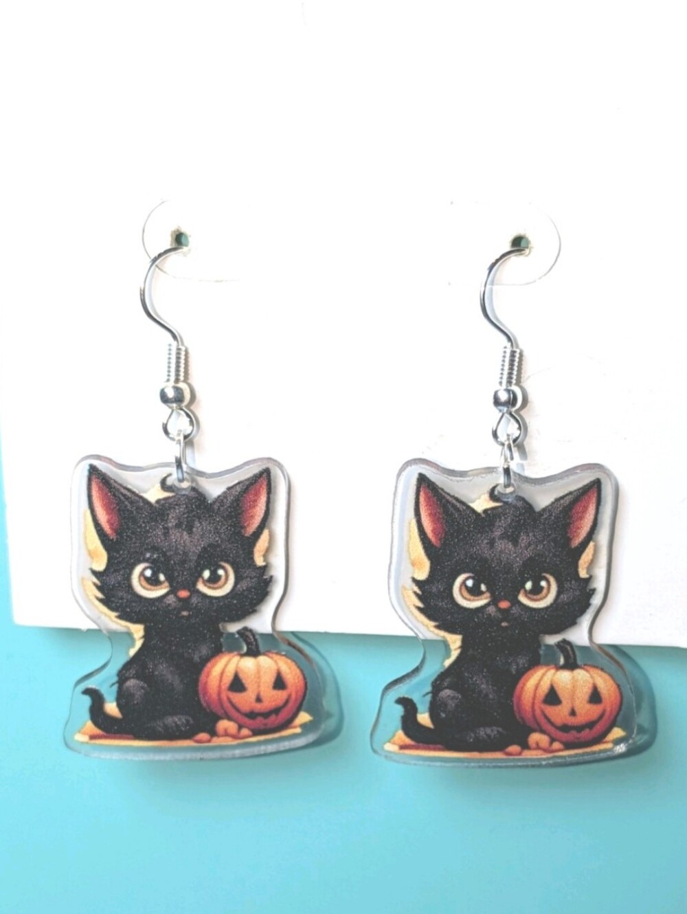 Hand Crafted Black Cat Earrings with Pumpkin Accent